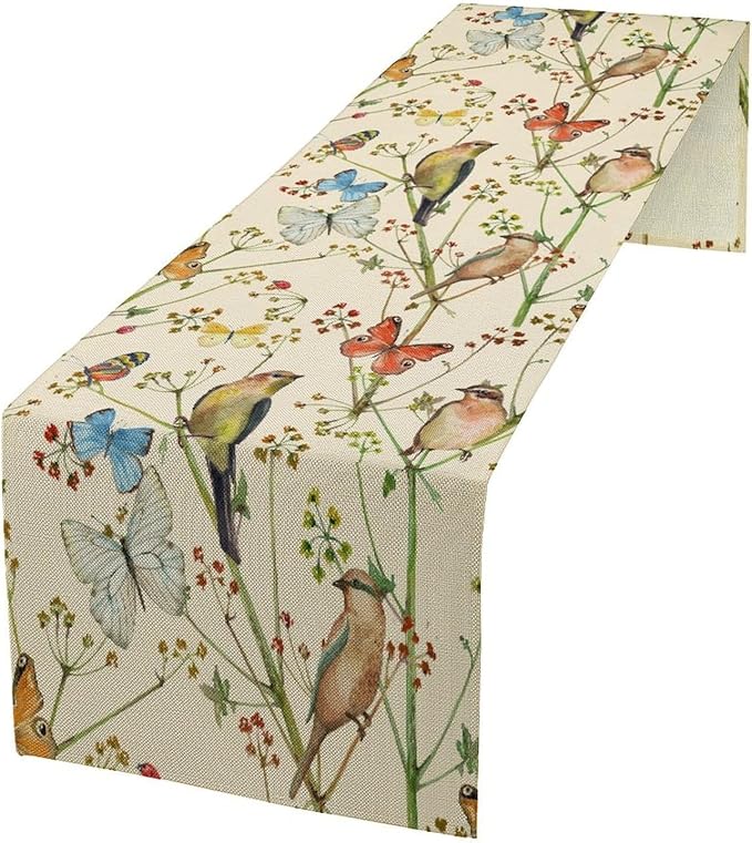 Brown Bird Floral Table Runner Spring Flower Kitchen Table Decoration Suitable for Family Dinner Decoration 13x108 Inch