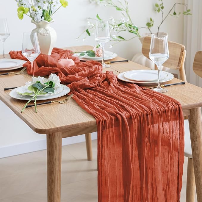 Asee'm 4pcs Cheesecloth Table Runner 120 Inches Long Terracotta Boho Gauze Cheese Cloth Runner 10FT Rustic Sheer Fall Table Runners for Thanksgiving Christmas Wedding Party Baby Shower Decoration