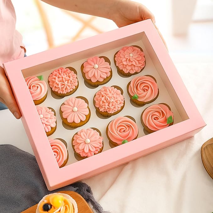 VGOODALL 12 Count Cupcake Boxes, 6PCS 13.2x9.8x4Inches Pink Cupcake Container with Window Boxes Holding 72 Pastry Box for Birthday Holiday Party Bakery Supplies