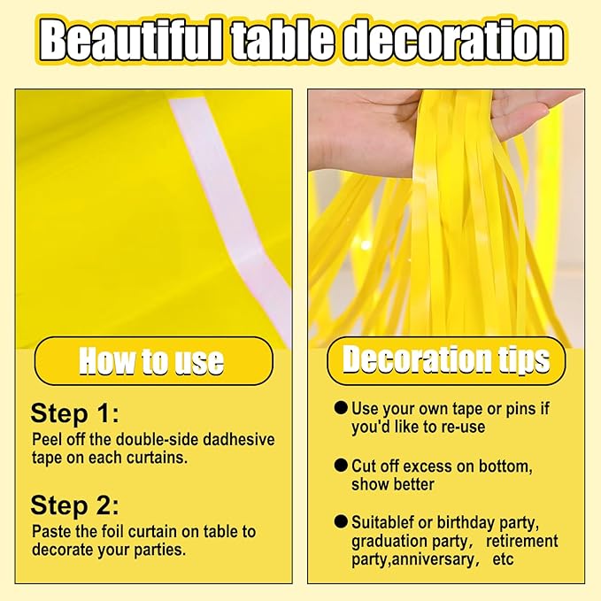 3 Pack 29 x108 Inch Macaron Yellow Foil Fringe Table Skirts Metallic Banner for Tinsel Streamer Garland Backdrop for Parade Floats Wedding Thanksgiving Birthday Christmas New Year Party Decoration