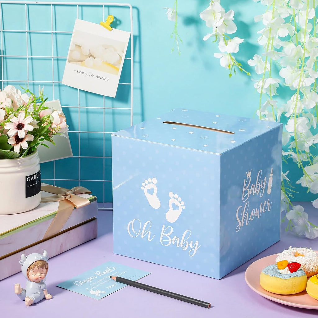 Funrous 51 Pcs Diaper Raffle Box with Tickets for Baby Shower Game Invitations Diaper Raffle Card for Gender Reveal Baby Shower Party Decorations Supplies(Lake Blue)