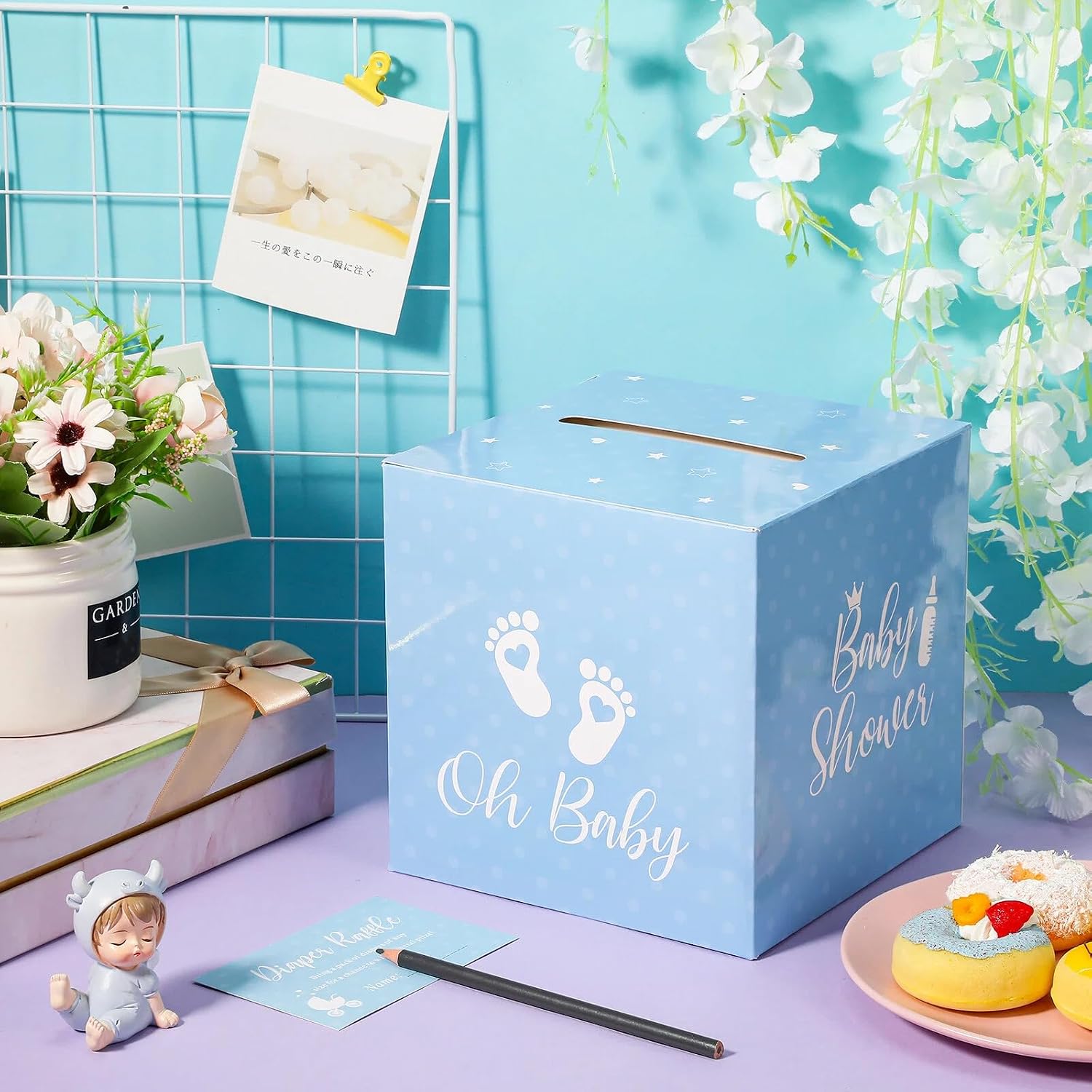 Funrous 51 Pcs Diaper Raffle Box with Tickets for Baby Shower Game Invitations Diaper Raffle Card for Gender Reveal Baby Shower Party Decorations Supplies(Lake Blue)