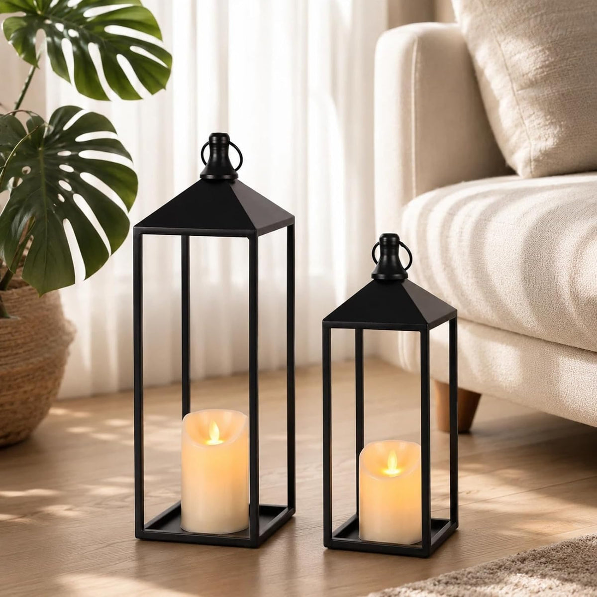Lanterns Decorative Outdoor Indoor, 17" 13" Set of 2 Black Candle L...