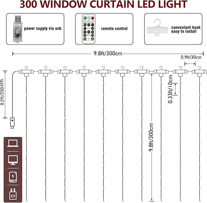 HOME LIGHTING Window Curtain String Lights, 300 LED 8 Lighting Modes Fairy Copper Light with Remote, USB Powered Waterproof for Christmas Bedroom Party Wedding Home Garden Wall Decorations, Multicolor