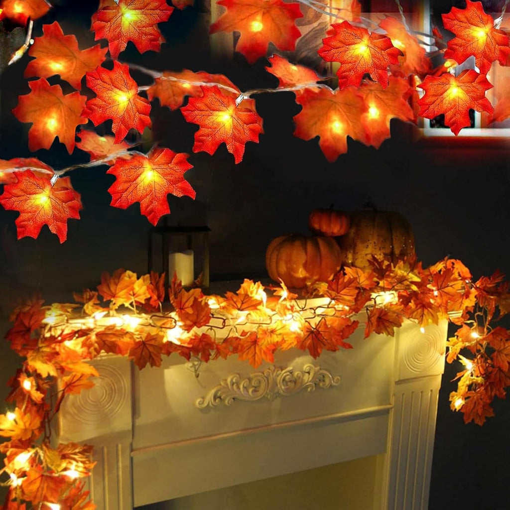 TURNMEON 2 Pack Fall Decor Enlarged Maples Leaves Lights Total 20Ft 40LED | Fall Decorations for Home Battery Operated Autumn Garland Lights Waterproof Indoor Outdoor Halloween Thanksgiving Decorations