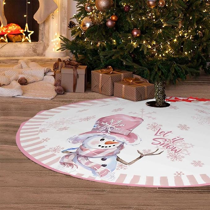 Let It Snow Snowman Christmas Tree Skirt 36 Inches, Pink Snowflake Tree Skirt, Winter Xmas Tree Mat for Home Party Holiday Indoor Outdoor Decorations (Pink, 36in)
