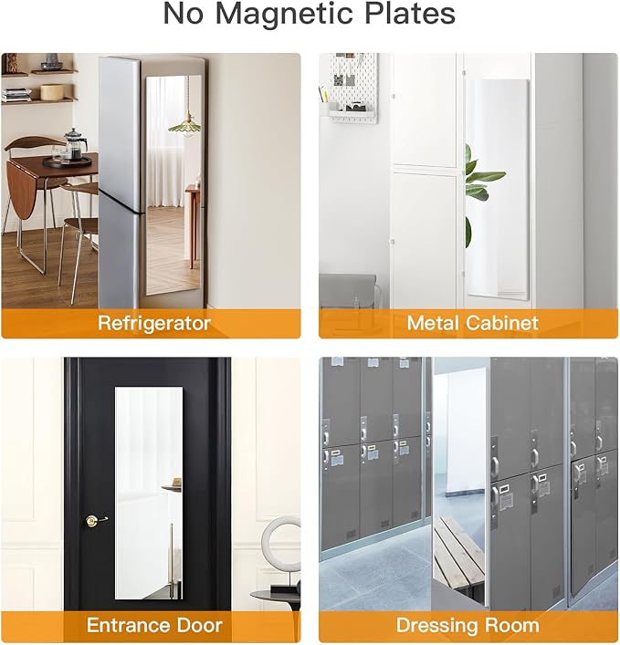 55"x16" Magnetic Mirror Lightweight Full-Length Mirror | Strong Adhesion, Easy Installation | Suitable for Refrigerators, Glass Walls, Wooden Doors, and More | 8.2kg Ultra-Strong Support | Black