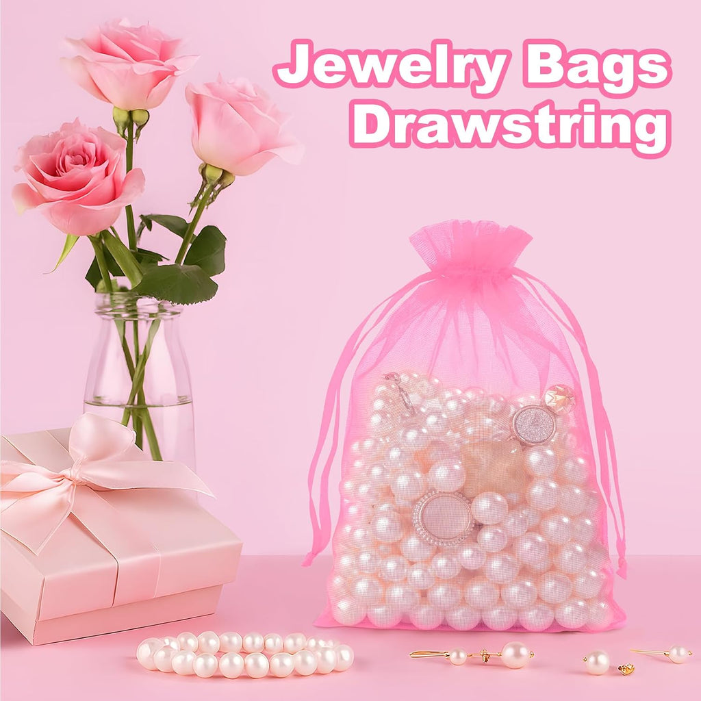 Crweety 50 Pcs Pink Organza Bags 3x4 In, Small Gift Bags Bulk for Jewelry Candy Soap Makeup Sachet, Cute Mini Mesh Goodie Bag Drawstring for Wedding Baby Shower Party Favors & Graduation Gifts