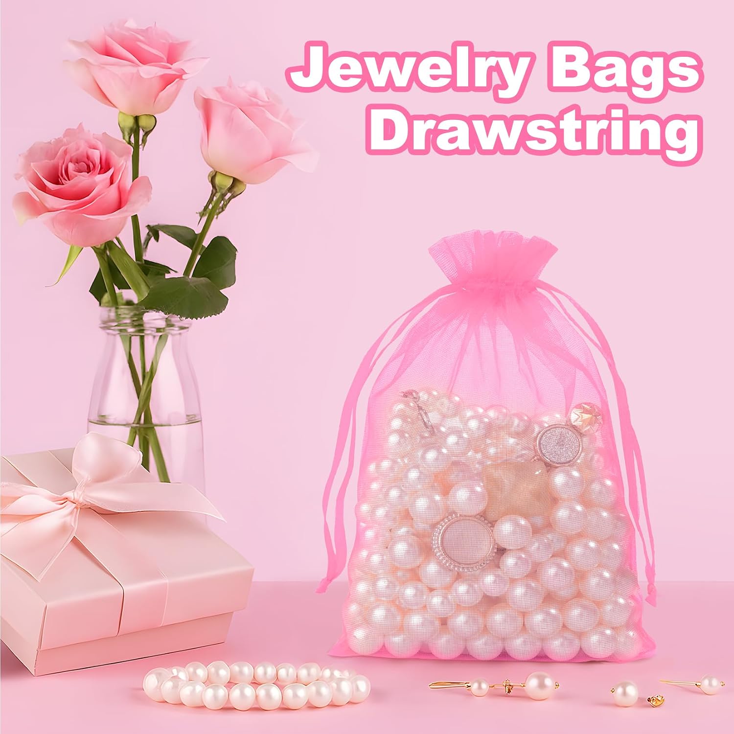 Crweety 50 Pcs Pink Organza Bags 3x4 In, Small Gift Bags Bulk for Jewelry Candy Soap Makeup Sachet, Cute Mini Mesh Goodie Bag Drawstring for Wedding Baby Shower Party Favors & Graduation Gifts