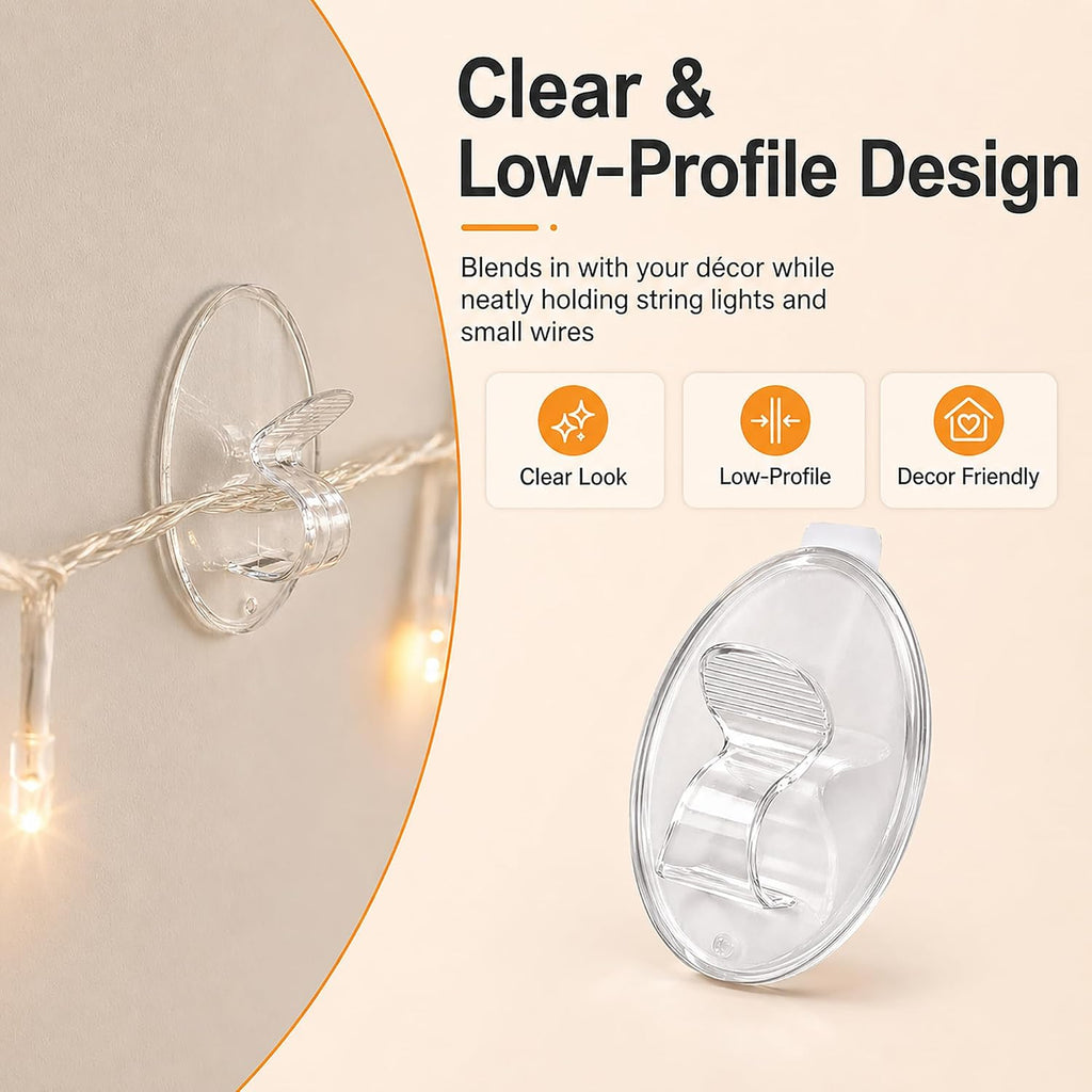 Outdoor String Lights Hooks Clips - 20Pcs Clear Waterproof Adhesive Hangers | 3X Stronger Adhesion - Heavy Duty Removable Sticky Strips No Drill No Residue Indoor Outside Patio Fence Wall Cord Christmas