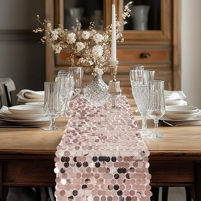 VHH Sequin Table Runner 12 x 108 inches Rose Gold Table Runner, Glitter Runner for Party Wedding Birthday, Party Spring Easter Rustic, Birthday Supplies Decorations (1 Pack).