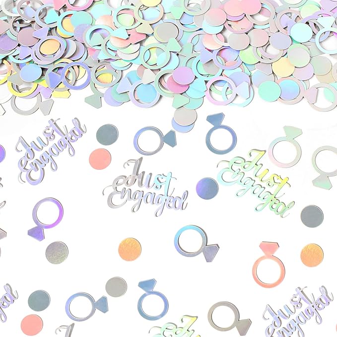 230PC Just Engaged Confetti for Engagement Party Decorations, Wedding Tables, Ring Scatters - Iridescent Themed Bridal Shower, Bachelorette, Hen Party Decor