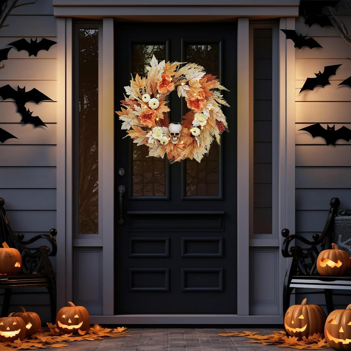 GarveeHome 22 in Halloween Skull Wreaths for Front Door, Fall Maple Leaves Wr...