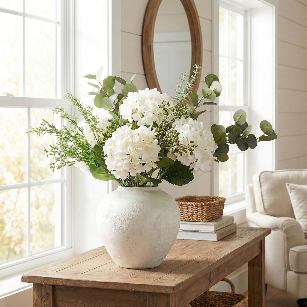 faux arrangement - eucalyptus & white hydrangea flowers, front angle view