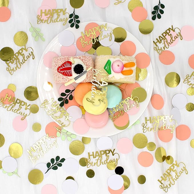 300PC Pink and Sage Green Happy Birthday Confetti for Table Boho Birthday Decorations for Women/Girl Round Dots Eucalyptus Table Scatters Party Supplies