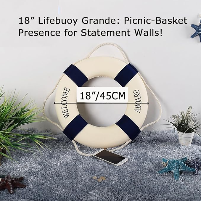 MorroMorn Lifebuoy Wall Hanging Decor - Welcome Aboard Mediterranean Style Home Decoration (Navy, 18")