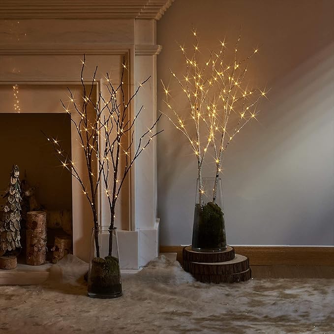 Birchlitland Lighted Birch Branches 32IN 100 LED with Timer Battery Operated, Artificial Tree Branch with Warm,Willow Branch Lights for Home Bedroom Fireplace Christmas Holiday Decoration