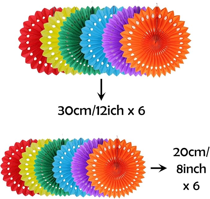 ZOOYOO Hanging Paper Fans Party Decorations,12 Pcs Rainbow Honeycomb Round Fans,Colourful Ceiling Decor for Birthday,Wedding,Carnival,Fiesta Party Backdrop