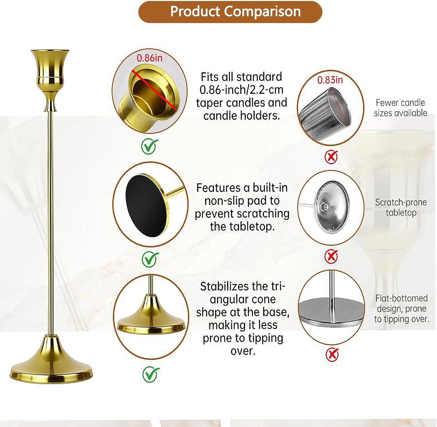 10 Sets Candle Gold Metal Candlestick Holders -Vintage Modern Metal Taper Candle Holders, Decorative Centerpiece for Table Mantel, Wedding Kitchen Home Decor, Wedding Gift,30Pcs
