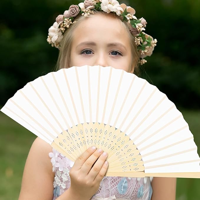 URATOT 48 Pieces White Folding Fans Silk Bamboo Folding Fans Handheld Fan for Wedding, Party Decoration