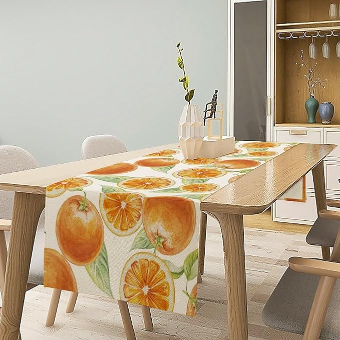 Spring Summer Orange Table Runner Watercolor Sweet Fruit Botanical Print Dinner Runner for Farmhouse Party Holiday Home Kitchen Dining Table Decor 13x36