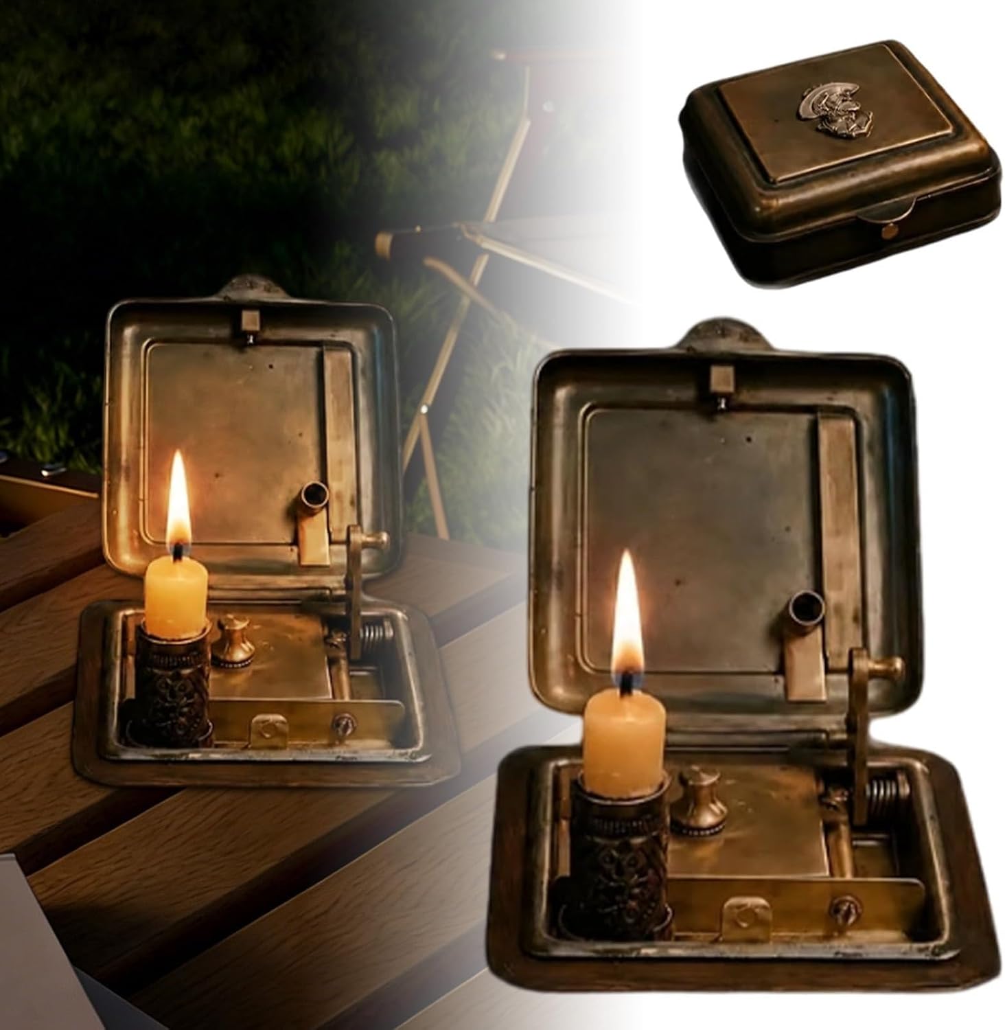 Mechanical Candle Box, Vintage Pocket Lighter & Candle Holder with Snuffer, Antique Brass Wind-Up Travel Candle Vault for Desk Decor, Camping, Collectors