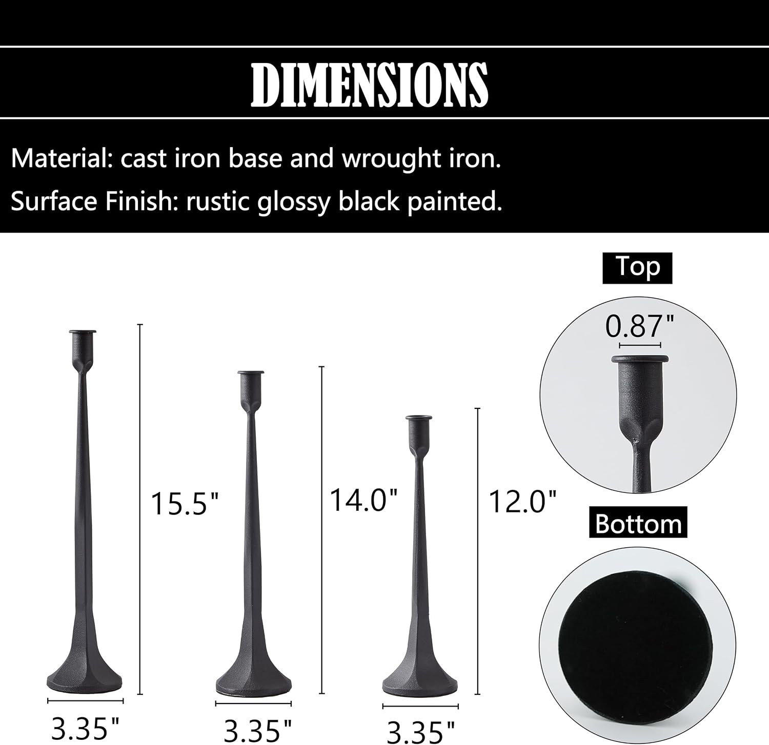 Denique Iron Taper Candle Holder Set of 3, Black Candlestick Holders Decorative Candle Stand, Tapered Candle Holders Tall Set for Wedding, Dining Table, Home Decoration (Black)