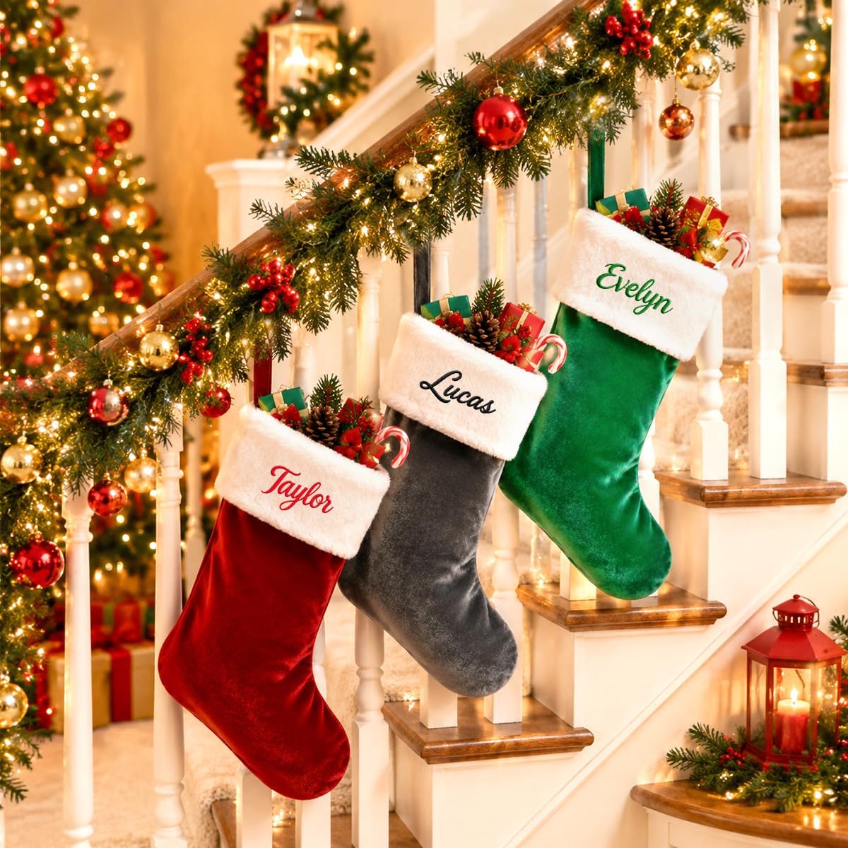 Personalized Christmas Stockings,Custom Embroidered Name Family Stocking | 20 Inch Large Red Velvet with White Soft Plush Cuff Xmas Stocking ,Holiday Stocking for Fireplace Party Decoration(1 Pcs)