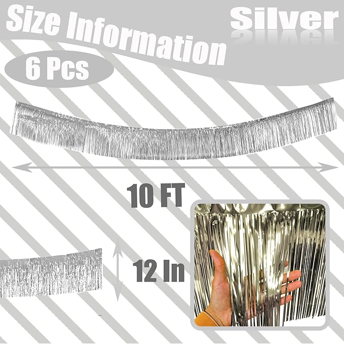 6 Pack 10 Feet Silver Foil Fringe Garland Metallic Tinsel Streamers Banner Wall Hanging Curtain Backdrop Banner for Parade Floats, Thanksgiving, Christmas, Birthday, Halloween Party Decorations