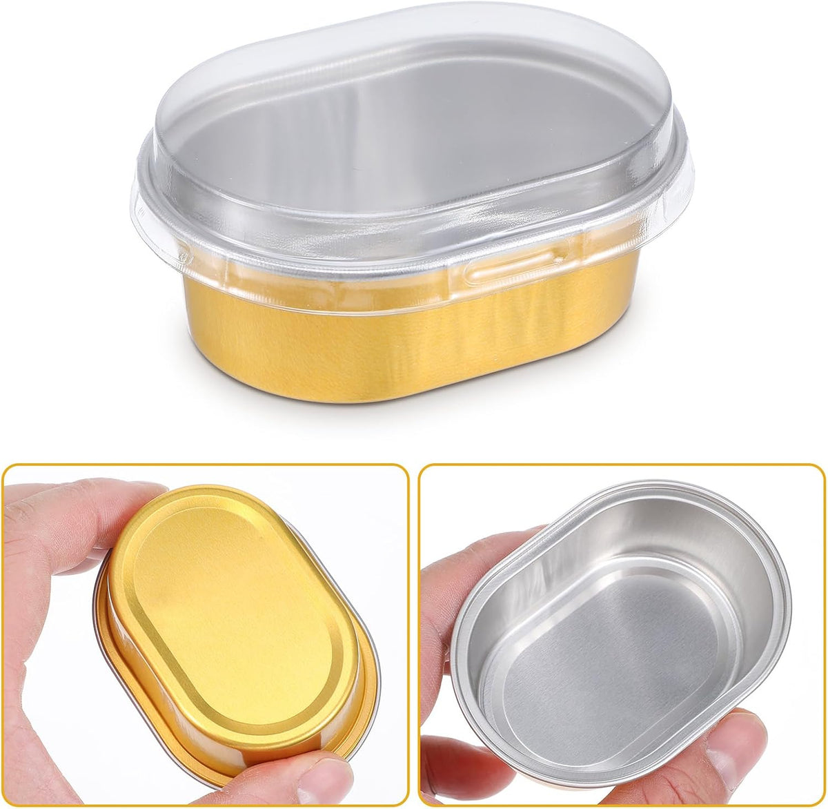 200 Pack Oval Gold Aluminum Baking Cups with Lids, 2 FL OZ Disposable Ramekin...
