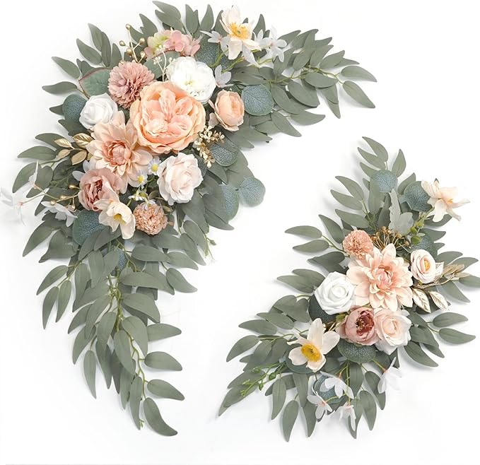 Faux Flower Swag Set of 2 for Wedding Welcome Signs Floral Swag Wedding Reception Ceremony Signs Decor (Champagne & Pink)