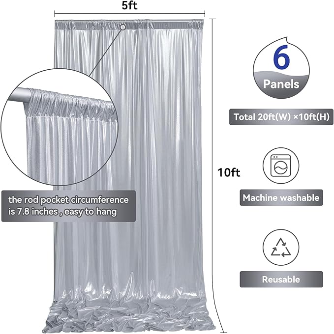30ftx10ft Silver Sequin Backdrop Curtain for Parties, Wrinkle Free Glitter Photo Backdrop Drapes 6 Panels 5x10FT Back Drop Cloth Shimmer Fabric for Wedding Birthday Photography Background