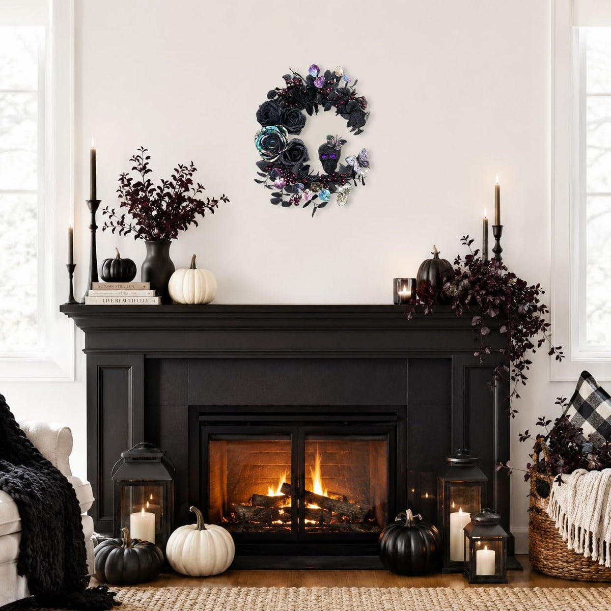 18 inch halloween wreath for front door, iridescent showing dimensions