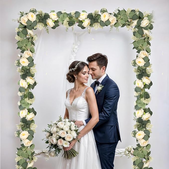 MAKHOT 2PCS 6.6Ft Artificial Eucalyptus Garland, Green Vines and Champagne Artificial Roses Combined to Form an Artificial Rose Garland for Wedding, Table, Party, Fireplace, and Home Decor.