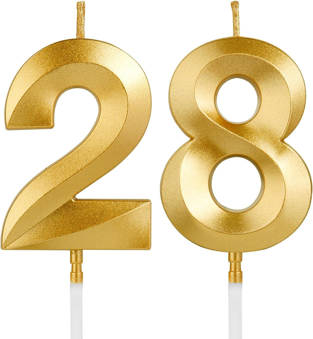 Birthday Candles, 1.96 Inch Number 28 Happy Birthday Candles, Number Candles Decoration for Birthday Party and Anniversary Celebration(Champagne Gold)