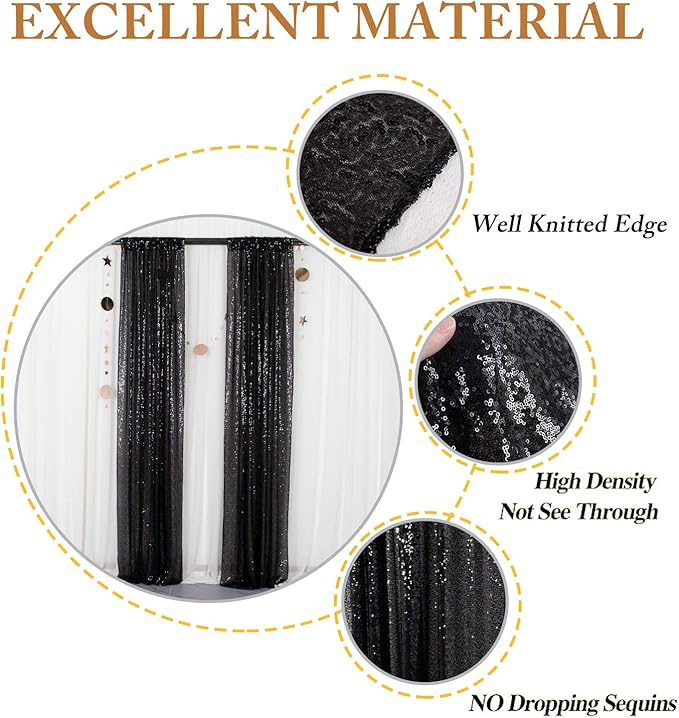 ShinyBeauty 2 Panels Black Sequin Backdrop | 7Ft x 7Ft Sparkly Photo Background | Halloween & Party Decor | Durable & Elegant Curtains | Perfect for Photography & Events