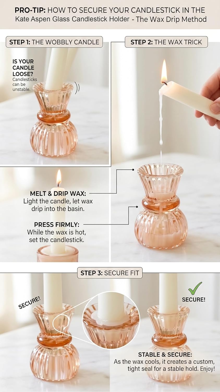 Kate Aspen Glass Taper Candle Holder Set of 6 - Rose Gold Ribbed Vintage Candlestick Votive Pillar Decorative Centerpiece for Dining Table Shelf Decor