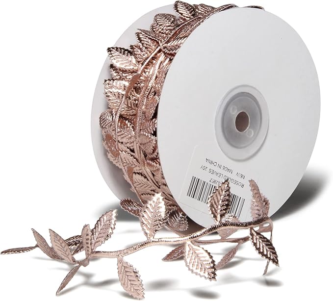 BASOKAN Rose Gold Leaves Ribbon for Wedding Party Home Decorations - 20 Yards - Leaf Trim Rope for Garland and DIY Crafts