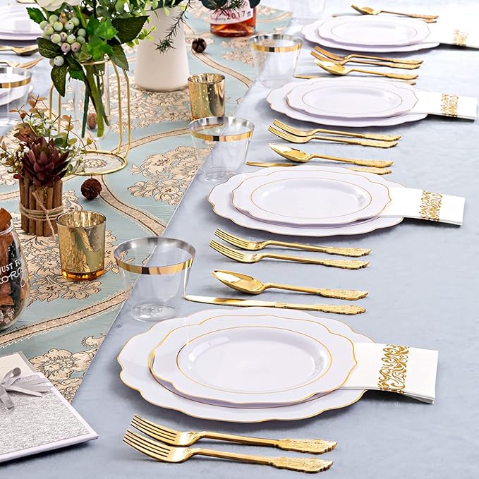 NOCCUR 175PCS Gold Plastic Plates with Disposable Silverware - White Gold Plastic Tableware Include 25 Dinner /25 Dessert Plates, 75 Cutlery, 25 Cups, 25 Napkins - Ideal for Fall Party&Thanksgiving