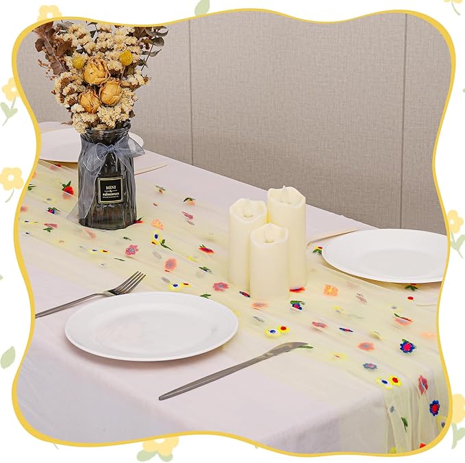 BINBE 1pcs Daisy Fall Table Runner Embroidery Gauze 10FT Florals Seasonal Tulle Holiday Birthday Kitchen Dining Table Decor for Home Party Yellow