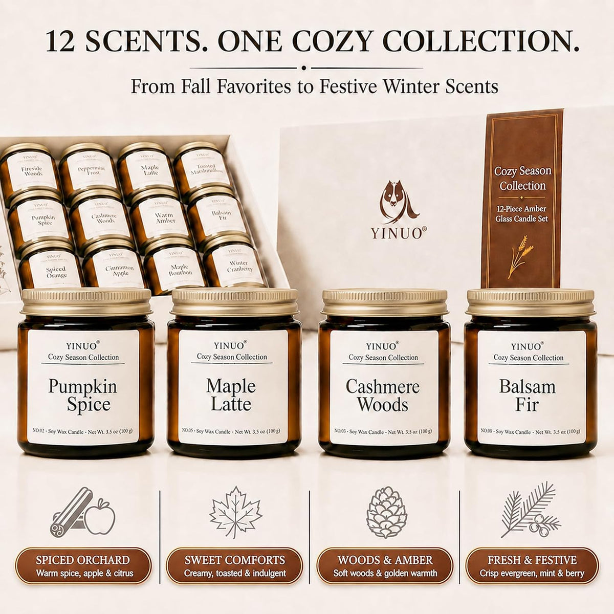 YINUO Fall & Winter Scented Candles for Home, 12 Pack Gift Set, 3.5 oz Each