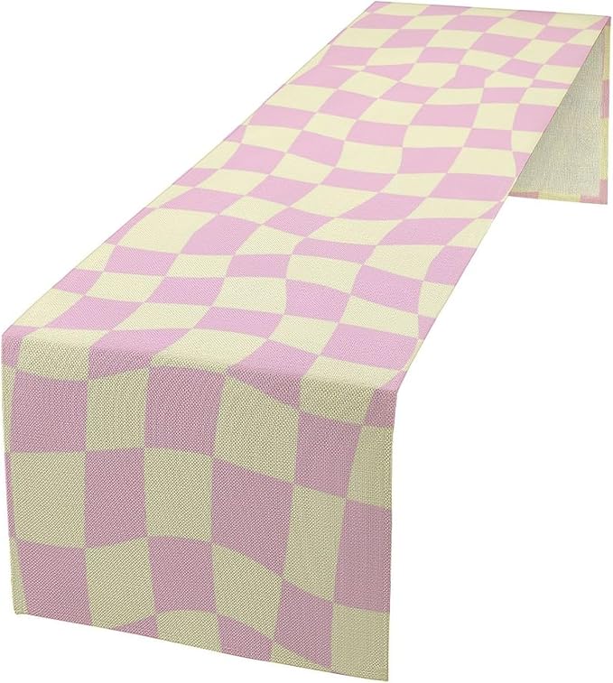 Hippie Table Runner Retro Geometric Square Purple Grid 60s70s Style Kitchen Restaurant Decoration for Indoor and Outdoor Wedding Party Table Runner 13x70 Inch