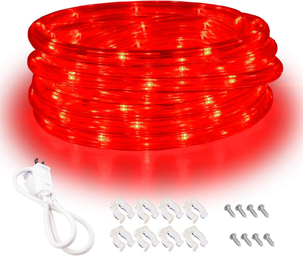 Outdoor 16ft Red LED Rope Lights, 120V IP65 Waterproof | 108 LEDs, IP65 PVC tube, ETL plug, clips and screws; connects up to 192ft for outdoor runs