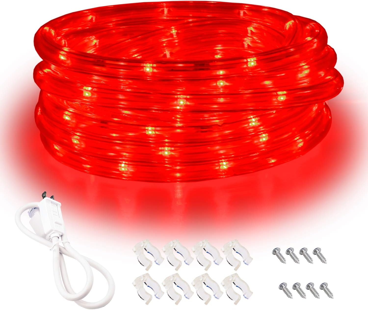 Outdoor 16ft Red LED Rope Lights, 120V IP65 Waterproof | 108 LEDs, IP65 PVC tube, ETL plug, clips and screws; connects up to 192ft for outdoor runs