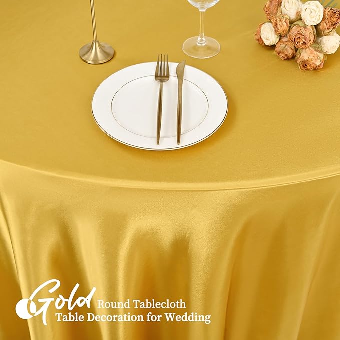 6 Pack 108 Inch Gold Satin Tablecloth - Premium Bright Silky Round Tablecloth Overlay Smooth Fabric Table Cover, Table Decoration for Wedding Party Banquet Events Restaurant Kitchen Dining