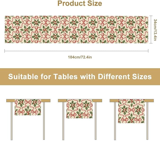 Christmas Table Runner,Xmas Holiday Bowknot Decor Table Cloth Kitchen Dining Table Decoration for Home Party Decor 13x70 Inch