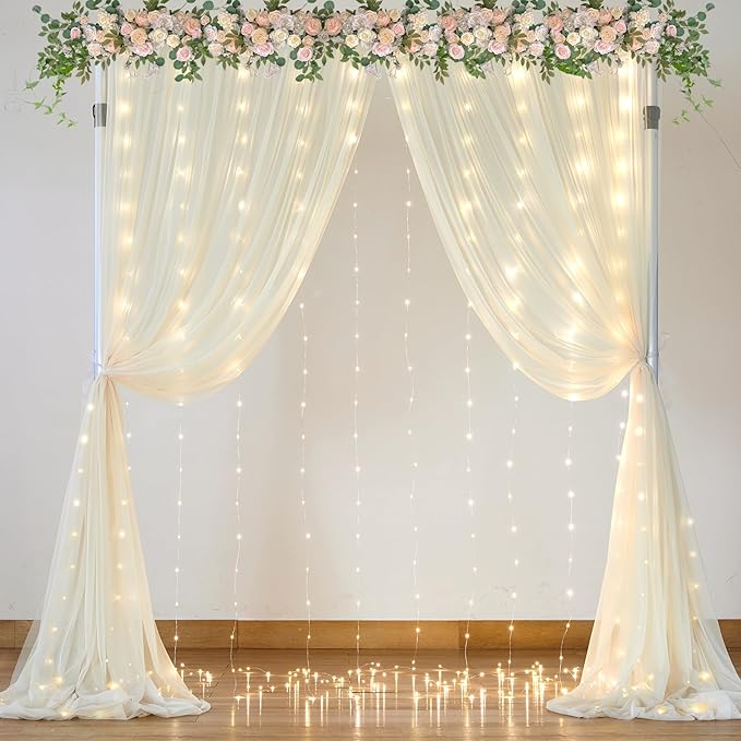 Ivory Sheer Backdrop Curtains with Lights String for Parites Wedding 10×8ft Tulle Backdrop Curtains for Baby Shower Birthday Party Photo Shoot Background Decorations