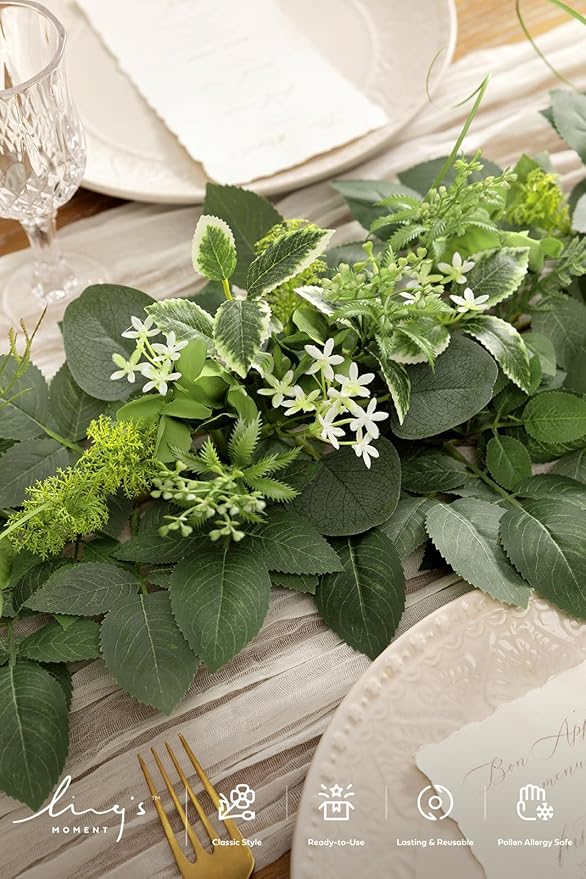 Ling's Moment Flower Garland - 6FT Eucalyptus & Rose - Sweetheart Table Decor for Wedding Reception, Artificial Floral Garland for Mantle, Spring Garden Ceremony, Christmas Decoration, Ivory White