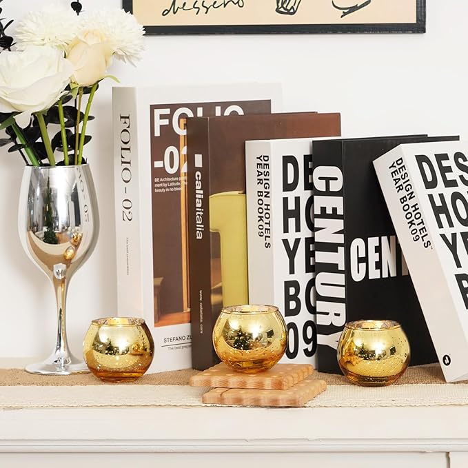 Homemory 12 Pcs Gold Votive Candle Holders, Round Mercury Glass Candle Holder, Tealight Candle Holders for Table Centerpieces, Baby Shower,Anniversary, Wedding, Home Decor, Halloween, Christmas