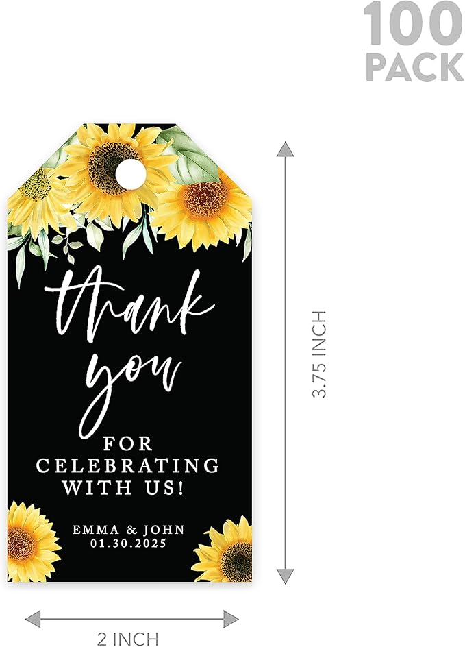 Andaz Press 100-Pack Personalized Thank You For Celebrating With Us Wedding Favor Tags with Bakers Twine Sunflowers Black Background Custom Cardstock Wedding Gift Tags for Party Favors 2 x 3.75-Inches
